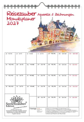 Produktbild von Reisezauber Aquarelle Planer DIN A4 Kalender für 2027 Ferne Länder und Urlaubsträume - Seelenzauber