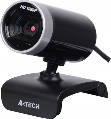 A black webcam with a silver ring around the lens, mounted on a black stand.