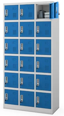 Produktbild von Schließfachschrank Spind KAROL 18 Fächer Etikettenhalter Lüftungsschlitze | Wertfachschrank Umkleideschrank Metall Kleiderspind 185x90x40cm Grau-Blau