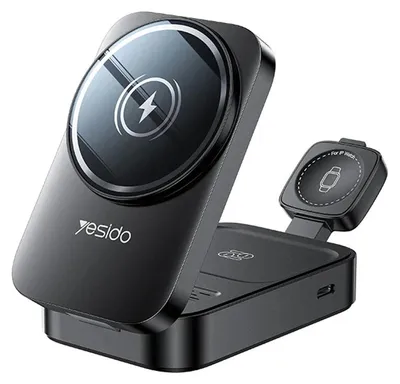 Produktbild von Yesido - Wireless Charging Station 3in1 (DS27) kabellose Ladestation 3-in-1 für iPhone, Apple Watch und AirPods, magnetisch, faltbar, Ständer, 15 W – schwarz
