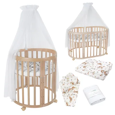 Image de Waldin Lit de bébé OWAL Lit d'enfant 7en1 avec matelas, lit évolutif pour enfants,Tissus Blancs Animaux,Bois naturel