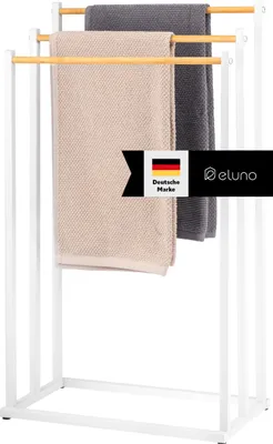 Produktbild von eluno Stand-Handtuchhalter freistehend, 3 Stangen, Handtuchständer, Bambus, weiß