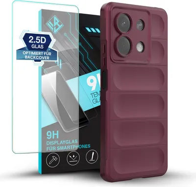 Produktbild von Handy Hülle für Xiaomi Redmi Note 13 5G mit 9H Displayglas Displayschutz Plus Grip Case Cover Schutzhülle Softgrip Farbe: Burgunder Rot