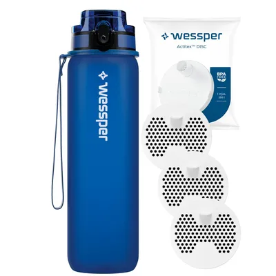 Immagine prodotto di Wessper Activemax Triline 1l bottiglia d'acqua + 3x Wessper Actitex Disc cartuccia filtro | bottiglia blu, completa di cartuccia filtro acqua