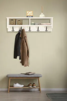 Immagine prodotto di Appendiabiti da parete Dekornik con ripiano, 15 ganci, 120 cm, bianco, MDF