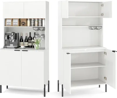 A white kitchen cabinet with a coffee machine, wine bottles, and glasses on display, shown from two different angles.