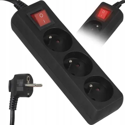 Produktbild von Verlängerungskabel 3 Steckdosen Schwarz 3M mit Erdung und Schalter 230V 2300W