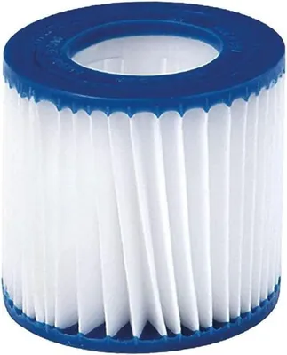 A close-up studio shot of a white pleated pool filter with a blue top and bottom rim.