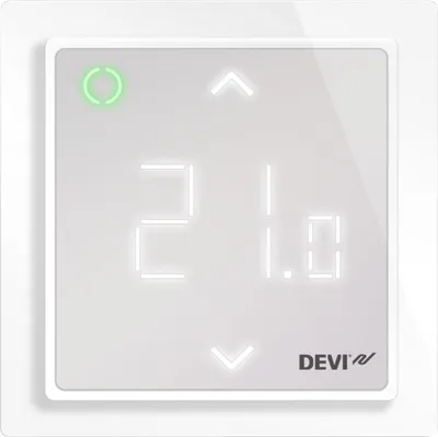 A white digital thermostat with a glowing display showing the temperature.