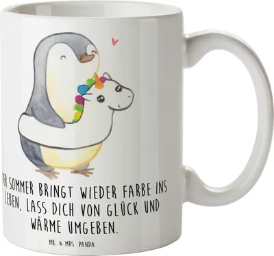 Produktbild von Mr. & Mrs. Panda Teetasse Sommerfarben - Weiß - Geschenk, Handgefertigte Produkte, Summer Vibes, Kamin, Strand, Sommer, Tasse, heißgetränkebecher, Sommerferien, haferl