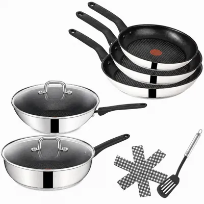 Produktbild von Tefal E30 Jamie Oliver Pfannen-Set Induktion 9 tlg -SET19- Schmorpfanne mit Deckel 25 cm , Wok mit Deckel 28 cm, Pfanne 28cm, 24cm, 20cm, IDEAL FÜR GROßHAUSHALTE, Wokpfanne Set, Silber