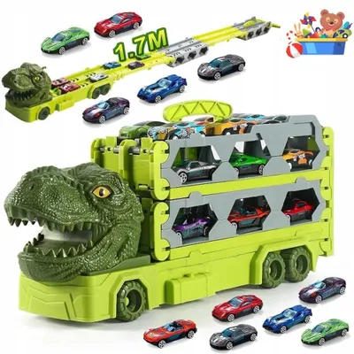Produktbild von 2-in-1 Rennbahn-Transporter Transport Truck Spielzeug Autos Träger LKW Fahrzeuge Set für Kinder inkl. 6 Spielzeugautos für Jungen Alter 3 4 5 6 7