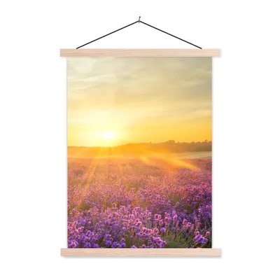 Produktbild von MuchoWow® Textilposter Lavendel - Sonnenuntergang - Bäume - Lila 60x80 cm mit holzfarbenen Rahmen - Wandbild