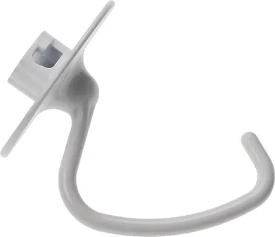 A white dough hook for a kitchen mixer, shown against a white background.