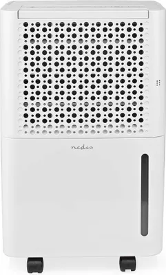A white dehumidifier with a black water tank indicator and a perforated top section.