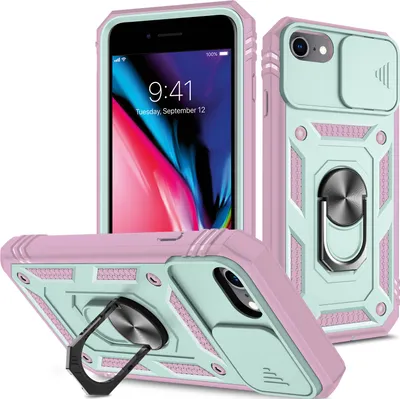 Produktbild von iPhone SE 2022 Hülle, Schiebe Kamera Schutz Robust Stoßfest Schutzhülle mit Ringhalterung Ständer Kartenhalter für iPhone SE 2022/iPhone SE 2022/iPhone 8 / 7 / 6s / 6 Türkis