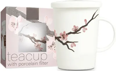 Produktbild von [ SAKURA ] chinesisches Porzellan / Teebecher + Sieb & Deckel / Becher / Mug