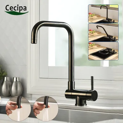 A kitchen faucet is shown in a collage with inset images demonstrating its features and installation.