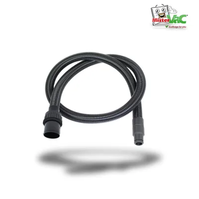 A black vacuum cleaner hose is displayed against a white background, with a logo in the top right corner.