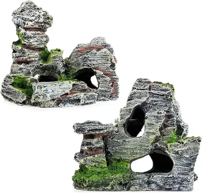 Produktbild von 2-teiliges Aquarium-Ornament: Felshöhlen-Motiv mit grünem Gras zum Verstecken von Garnelen und Fischen – Landschaftsmotiv mit Felsversteck, Höhle und Baum