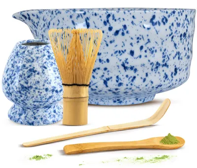 Produktbild von Cebador - Matcha Tee Set Mizore 420ml - Blau Weiße Keramik Teeschale Mit Ausguss & Kusenaoshi Halter - Traditionelles Japanisches Bambus Chasen