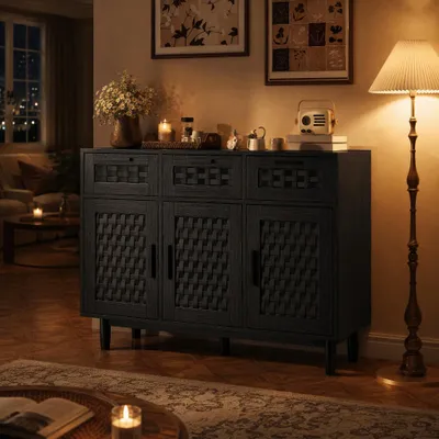 Image de UnboxG : buffet noir en aggloméré avec motif rotin en PVC, meuble de rangement moderne avec portes et tiroirs pour le salon et la salle à manger