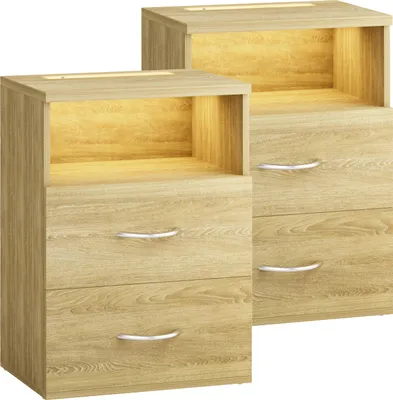 Image de CASARIA® 2x Table de nuit avec éclairage LED Touch Chêne 40x28x55cm en Bois 2 tiroirs Table de chevet Chambre à coucher