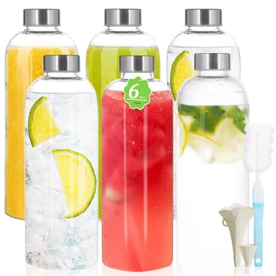 Image de Bouteilles en verre de 1 litre - 6 pièces - Étanches - Anti-fuite - Bouchons en acier inoxydable - Bouteilles en verre réutilisables - Bouteilles d'eau