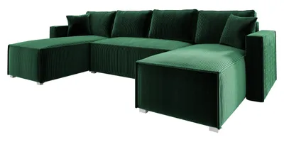 Produktbild von Wohnlandschaft U form Cord NOEMI 145x300 cm, Ecksofa U form Grün mit Schlaffunktion und Bettkasten, Sofa XXL, Couch U form, Polsterecke - PS 14