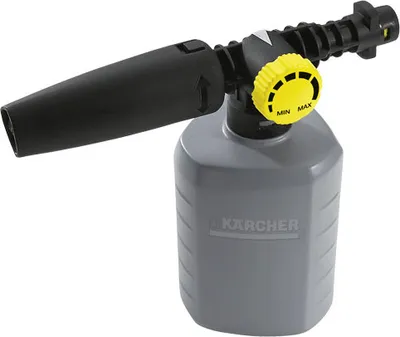 A Karcher foam nozzle attached to a gray detergent bottle against a white background.