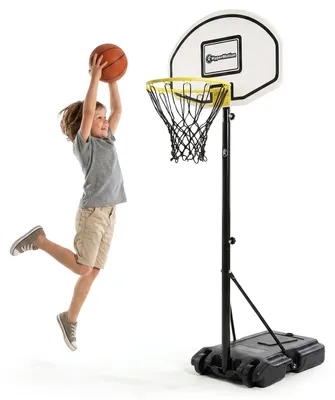 Image de Panier de basket sur pied pour enfants - hauteur réglable de 165 à 215 cm, en acier, panneau blanc, support de basket à roulettes pour le jardin et la cour