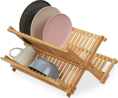 Image de Relaxdays : égouttoir pliable, 2 niveaux, séchoir à vaisselle pour assiettes, tasses, bols, en bambou, grille d'égouttage, couleur naturelle