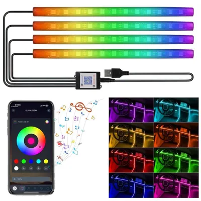 Image de Éclairage intérieur LED pour voiture, contrôle via application, 4 pièces, 48 LED, modes musique USB, éclairage d'ambiance décoratif