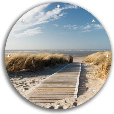 Produktbild von Wallario rundes Outdoor-Poster für Garten oder Balkon, Motiv Auf dem Holzweg zum Strand, 30 cm Durchmesser