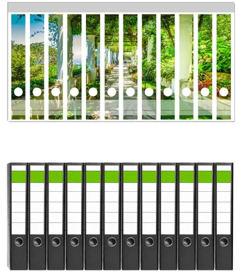 Produktbild von Wallario 12 Stück schmale Ordner inkl. Klebeetiketten mit Motive Blühende Pergola - Set mit Rückenschildern / Ordnerrücken Stickern