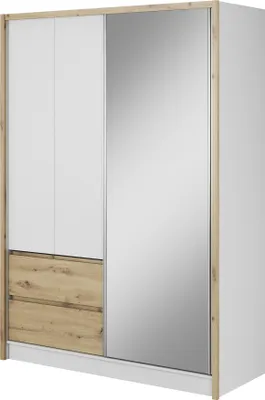 Produktbild von Furniture24 Kleiderschrank SARA 150 cm Schrank 2 Drehtüren 1 Schiebetür Weiß/Artisan Eiche