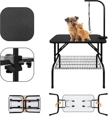 Produktbild von Trimmtisch für Hunde Schertisch Hundepflegetisch, Tierpflegetisch klappbar für Katzen Mit 1 Schlingen, 360° Drehbarer Haltegurt, Stabil Höhenverstellbar Schwarz 80.5 x 46 x 76 cm