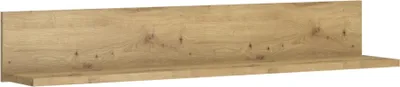 A wooden shelf against a white background.