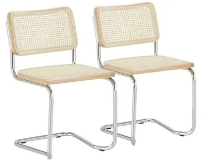 Produktbild von k-hometrends KADEN Freischwinger Stühle 2er Set mit Wiener Geflecht – Esszimmerstühle aus Holz & Metall – Designstühle Natur/Chrom