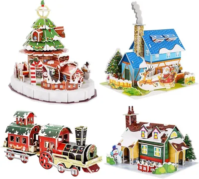 Image de 4pcs Puzzles 3D Noël Mignon Modèle papier Hiver Puzzle simple, Père Noël Chalet Noël Train Modélisme créatif DIY