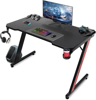 Produktbild von HOMALL Gamingtisch Gaming Tisch aus Stahl, mit Flaschen-& Headsetständer PC Schreibtisch (Carbonfasern mit Racing-Optik, Abmessung 110x60cm)
