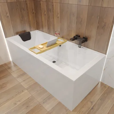 Produktbild von Badewanne Rechteck Set 5in1 190x90 mit Premium Ablaufgarnitur und Füßen GRATIS + Verkleidung (AcrylSchürze) + Bambus Holzablage | BADLAND QUADRO