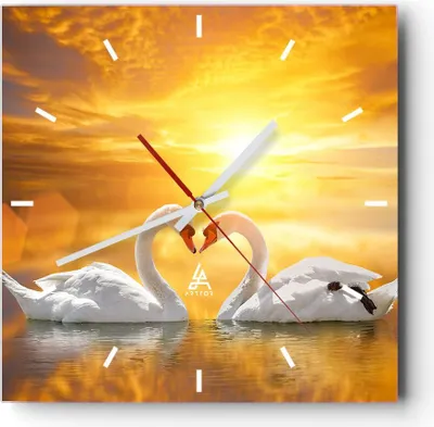 Produktbild von Wanduhr - Quadrat - Glasuhr - Schwan Wasser Paar - 40x40cm - Schleichendes Uhrwerk - Lautlos - zum Aufhängen bereit - Dekoration Modern - Wanddekoration aus Glas - C3AC40x40-3872