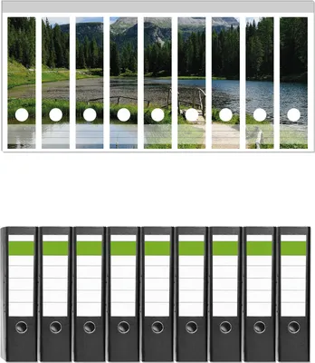 Produktbild von Wallario 9 Stück breite Ordner inkl. Klebeetiketten mit Motive See in Berglandschaft -  Set mit Rückenschildern / Ordnerrücken Stickern