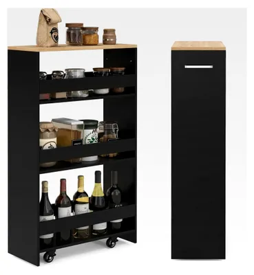 Produktbild von Nischenregal 20 cm Breite, Nischenwagen mit 4 Etagen, schmaler Nischenschrank mit Griff und Geländern, Rollregal aus Holz für Küche und Badezimmer, 47,5 x 20 x 80,5 cm (Schwarz)