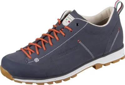 A single blue hiking shoe with orange laces is shown against a white background.