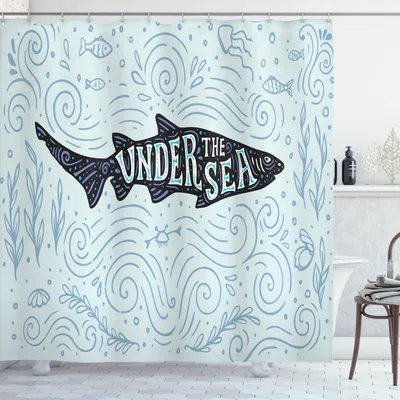 Image de ABAKUHAUS Rideau de douche Under the Sea, motif doodle représentant un poisson avec inscription amusante, 175 x 200 cm, bleu clair et multicolore