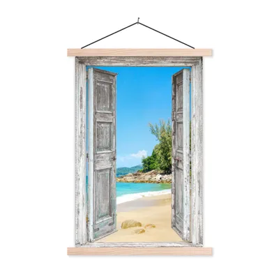 Produktbild von MuchoWow® Textilposter Strand - Ausblick - Sommer - Tropisch 120x180 cm mit holzfarbenen Rahmen - Textil-Plakat