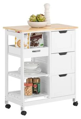 Produktbild von Famanu Küchenschrank mit Rollen, Küchentrolley mit 3 Schubladen und 1 abnehmbarem Regal, Küchenaufbewahrungsmöbel, L68xB38xH85cm, weiß