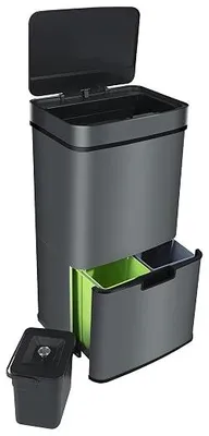 Imagen del producto de Silecomplaza - Sistemas de separación de residuos de acero inoxidable con 3 compartimentos + 1 adicional - Cubo de basura con sensor - 72 litros (2 x 12 + 1 x 48 L) - Cubo de basura de acero inoxidable con pedal - Color gris